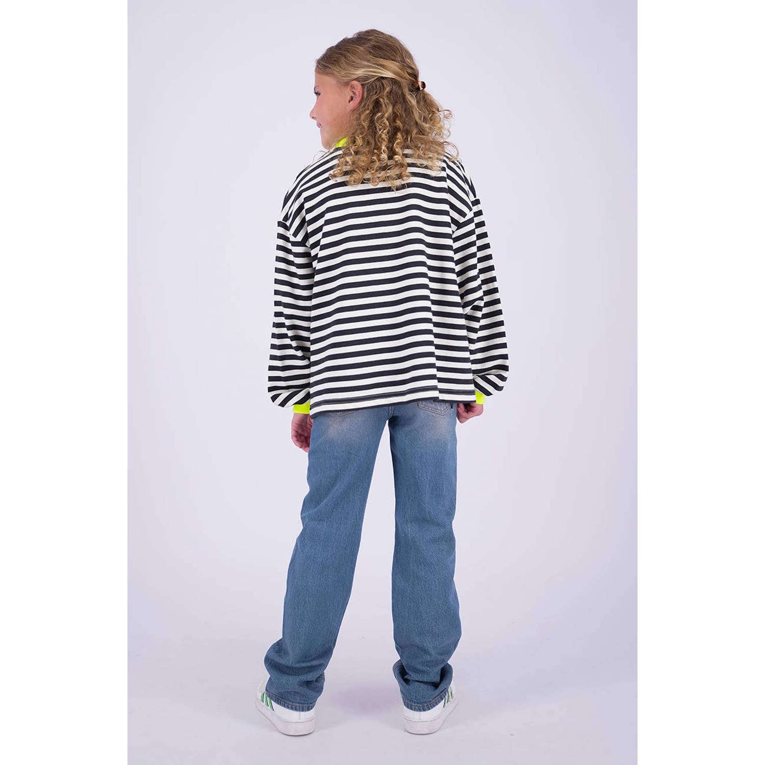 Vingino gestreepte sweater zwart ecru neongeel