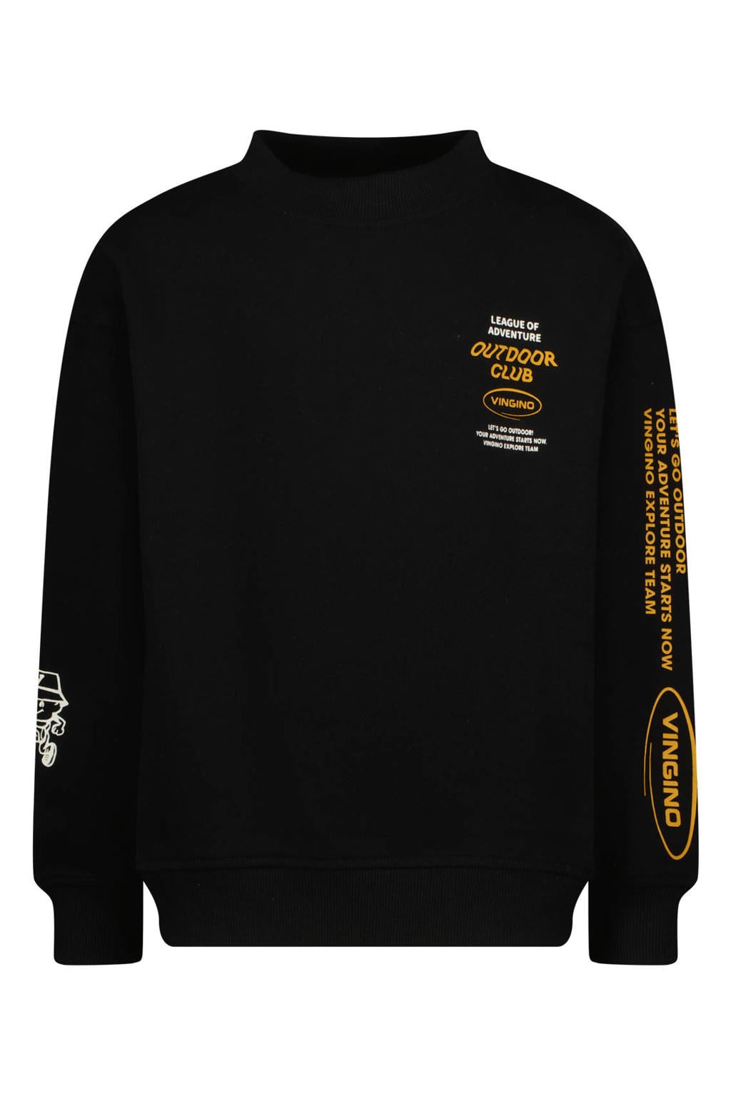 Zwarte jongens Vingino sweater met backprint, lange mouwen, ronde hals en geribde boorden