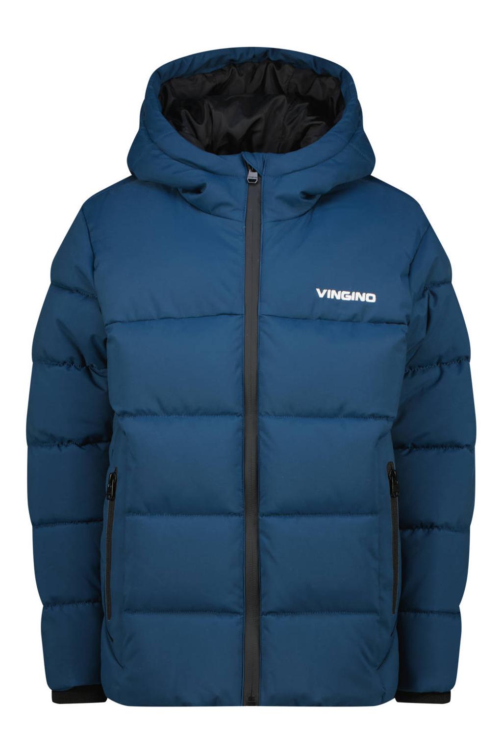 Blauwe jongens Vingino gewatteerde winterjas van polyester met effen, lange mouwen, capuchon en ritssluiting