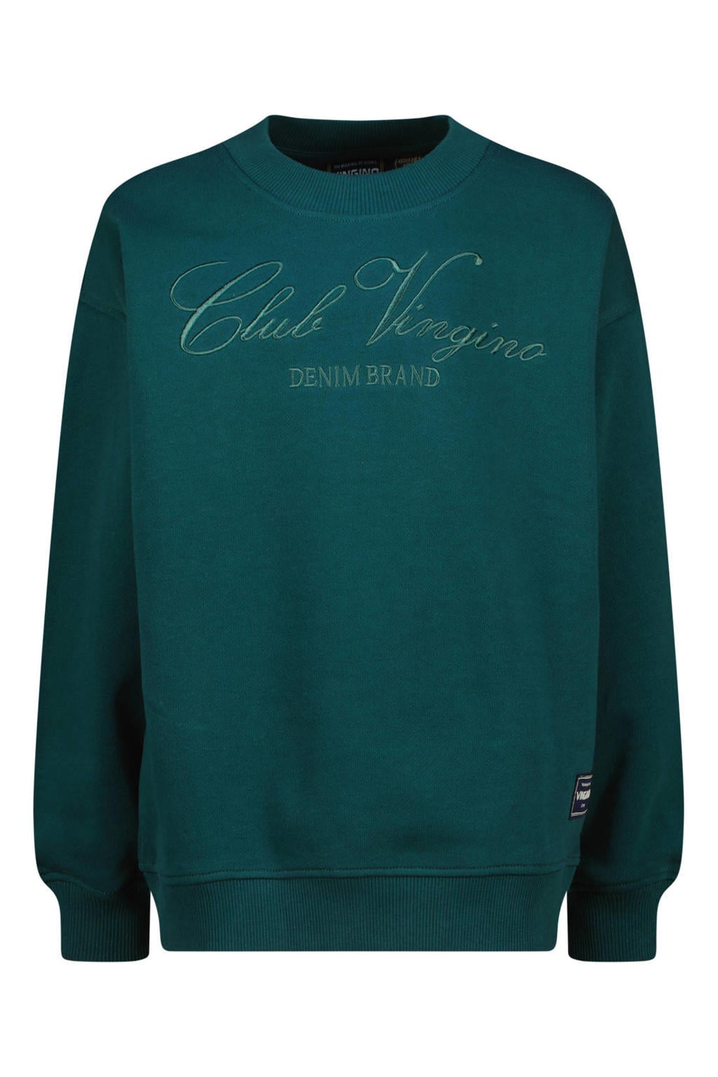 Donkergroene jongens Vingino sweater met tekst print, lange mouwen, ronde hals en borduursels