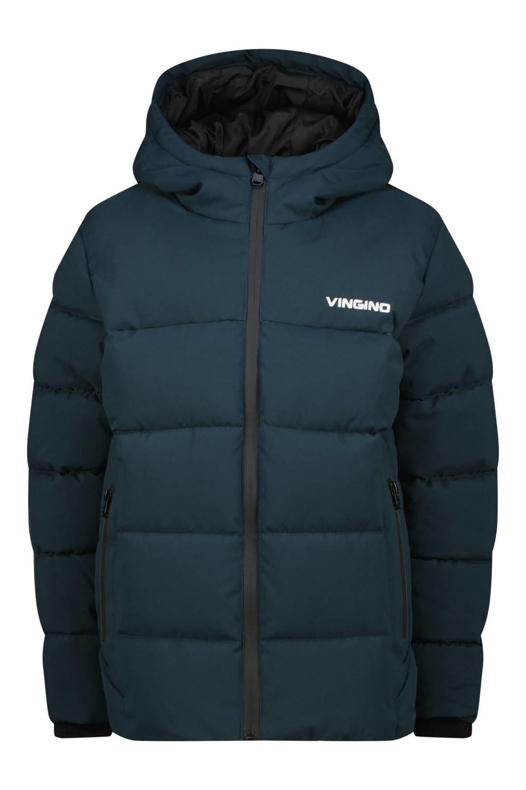 Donkergroene jongens Vingino gewatteerde winterjas van polyester met effen, lange mouwen, capuchon en ritssluiting