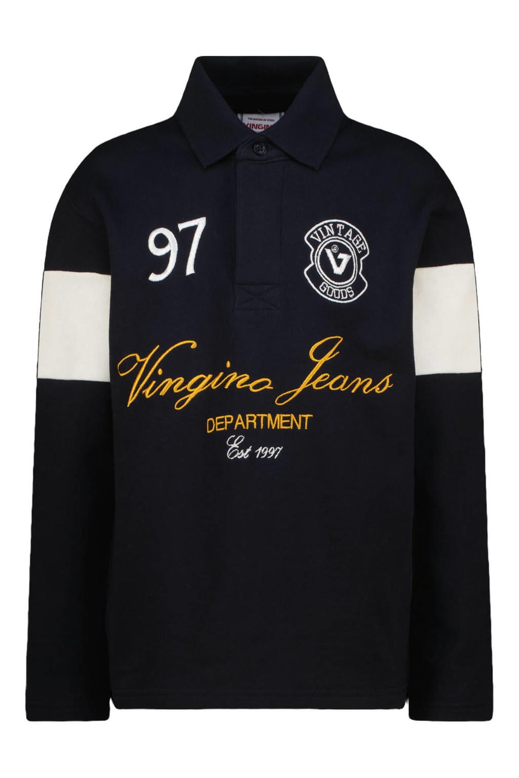 Donkerblauw en witte jongens Vingino sweater met meerkleurige print, lange mouwen, polo kraag en knoopsluiting
