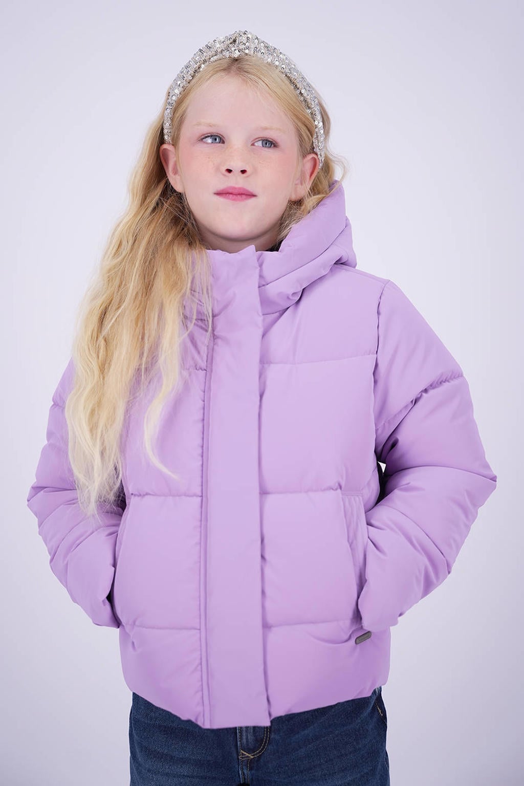 Lilakleurige meisjes Vingino pufferjas van polyester met effen, lange mouwen, capuchon en rits- en drukknoopsluiting