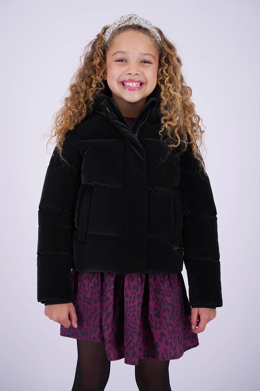 Zwarte meisjes Vingino pufferjas van polyester met effen, lange mouwen, capuchon en rits- en drukknoopsluiting