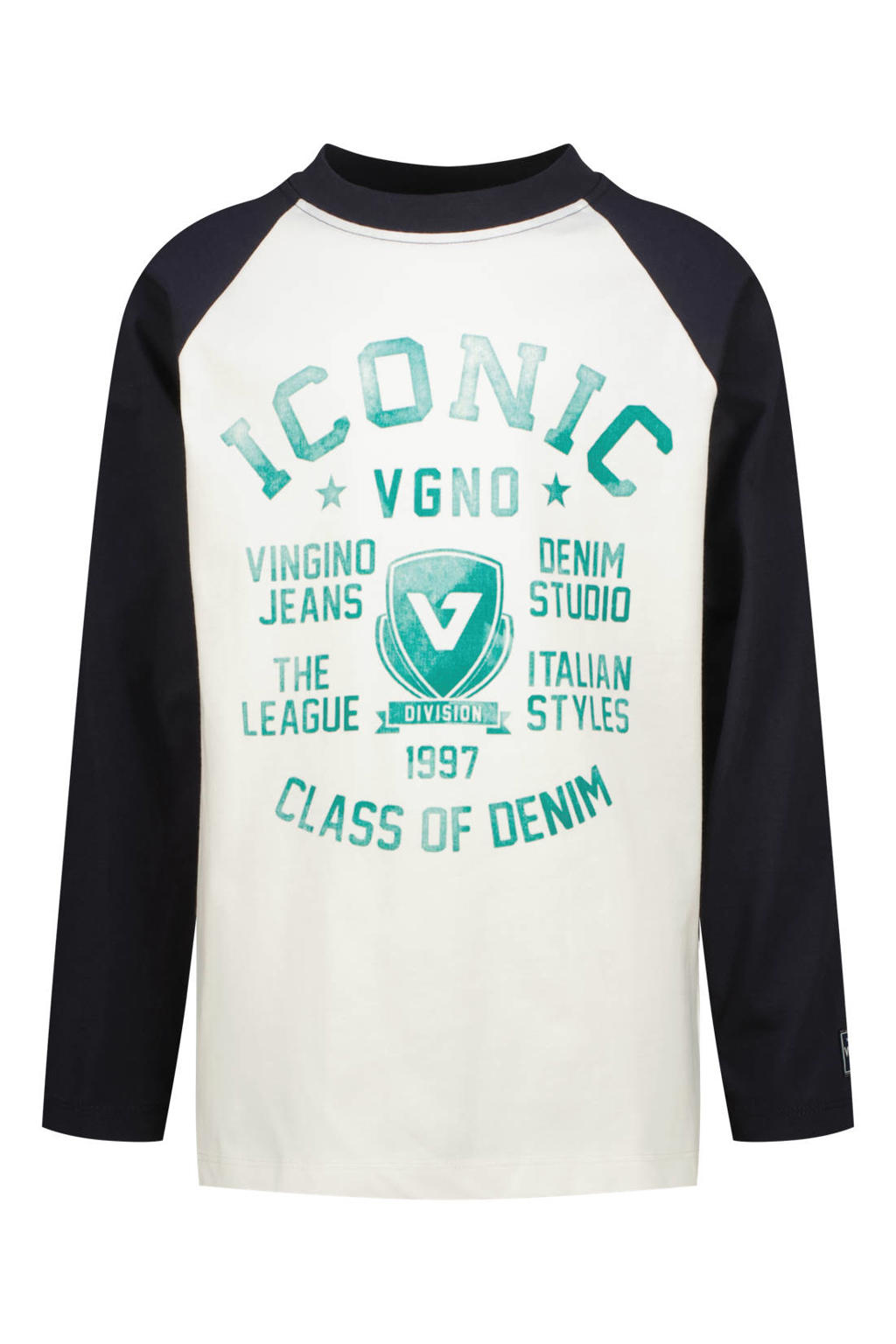 Donkerblauw en witte jongens Vingino longsleeve van katoen met printopdruk, lange mouwen en ronde hals