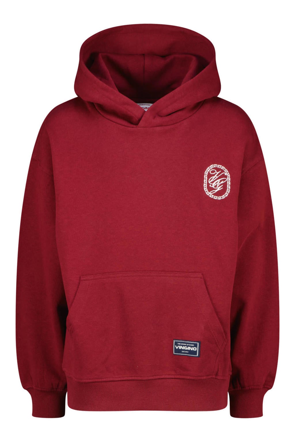Donkerrode jongens Vingino hoodie van sweat materiaal met printopdruk, lange mouwen en capuchon