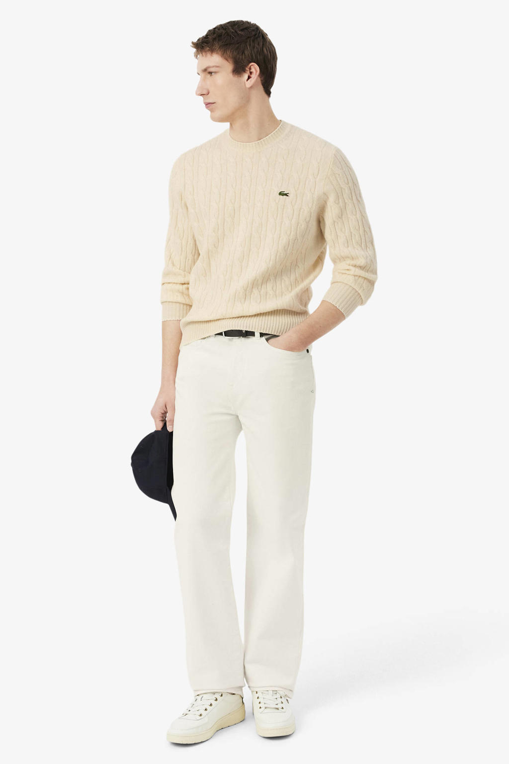 Lacoste wollen regular fit kabeltrui - gebroken wit