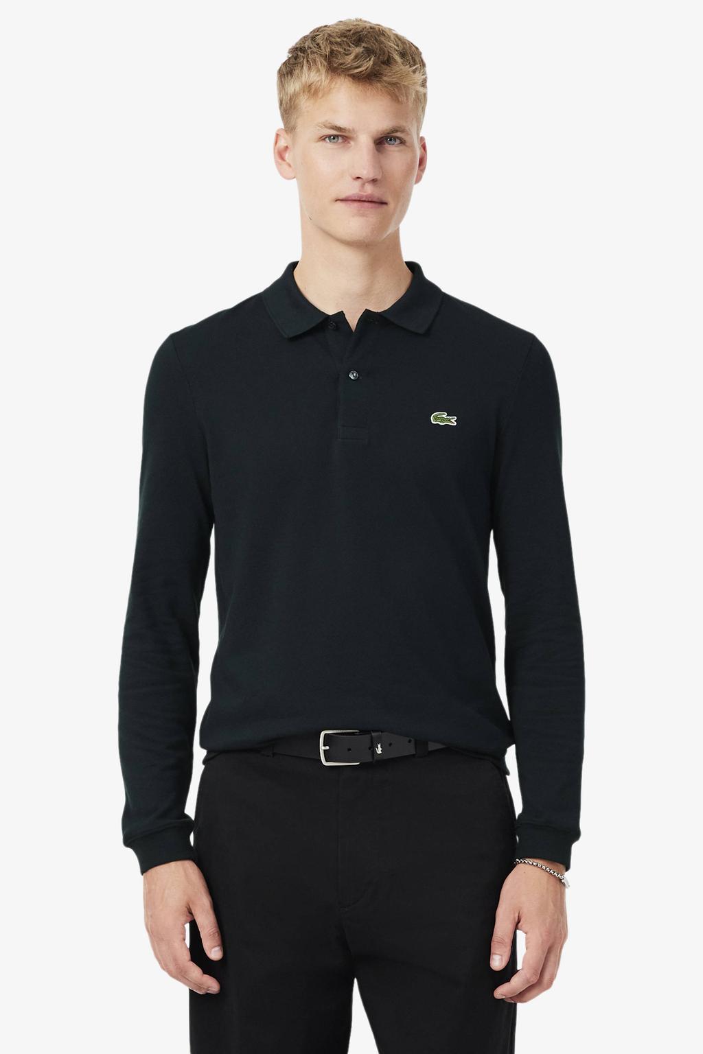 Donkerblauwe heren Lacoste slim fit polo van katoen met effen en lange mouwen