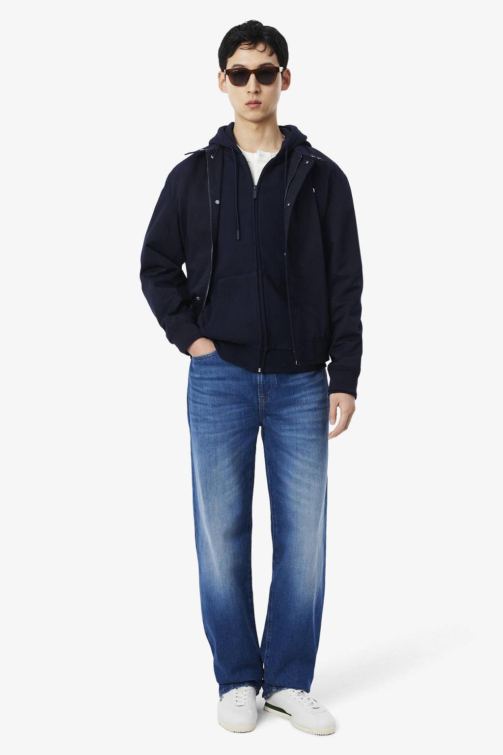 Donkerblauwe heren Lacoste fleece sweatvest met effen, lange mouwen, capuchon, ritssluiting en geribde boorden