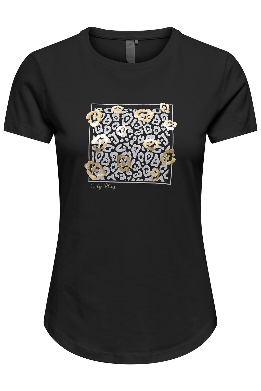 Zwarte dames ONLY PLAY sportshirt van katoen met printopdruk, korte mouwen en ronde hals