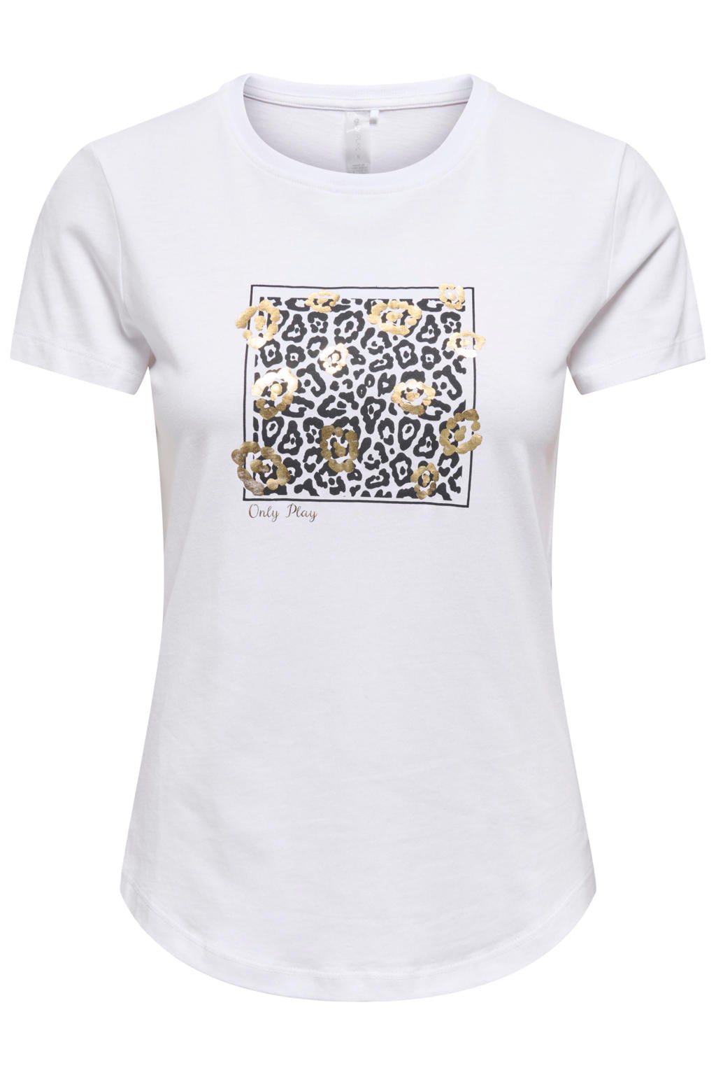 Witte dames ONLY PLAY sportshirt van katoen met printopdruk, korte mouwen en ronde hals