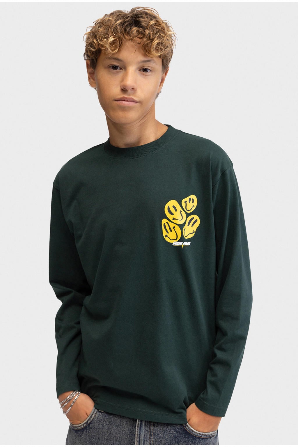 Donkergroene jongens Redefined Rebel longsleeve van katoen met backprint, lange mouwen en ronde hals