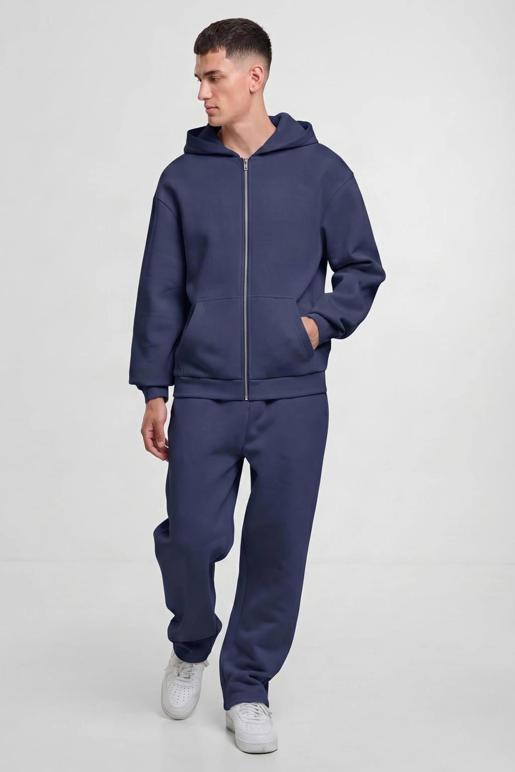 Donkerblauwe heren Urban Classics sweatvest met effen, lange mouwen, capuchon, ritssluiting en geribde boorden