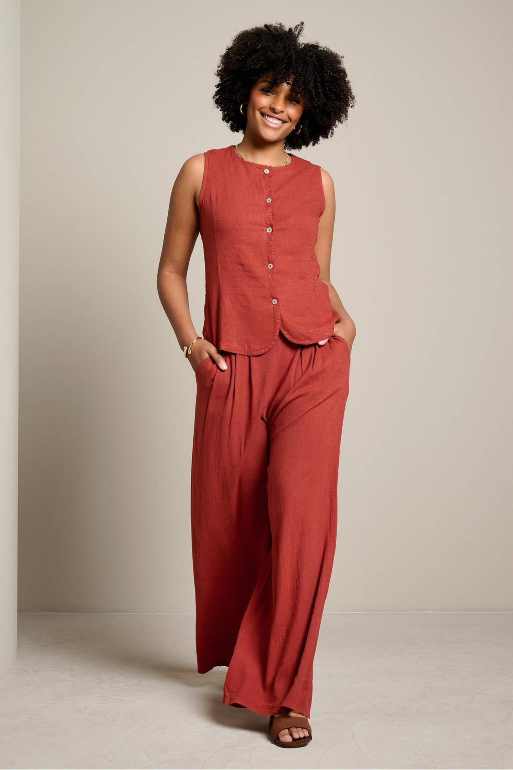 Roodbruine dames LOLALIZA linnen high waist wide leg fit broek bruin met elastische inzet en effen