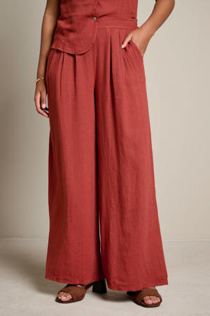 linnen high waist wide leg fit broek - roodbruin