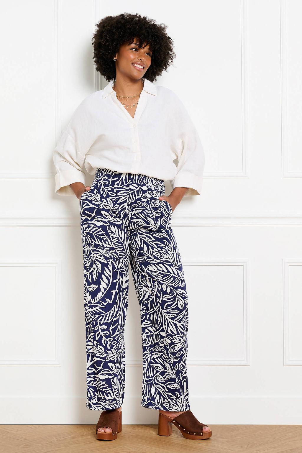 Donkerblauw en witte dames LOLALIZA high waist straight fit gebloemde broek van viscose met elastische tailleband