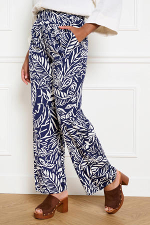 high waist straight fit gebloemde broek - donkerblauw