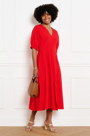 midi jurk met split - rood