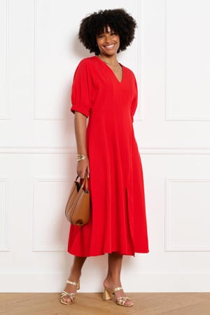 midi jurk met split - rood