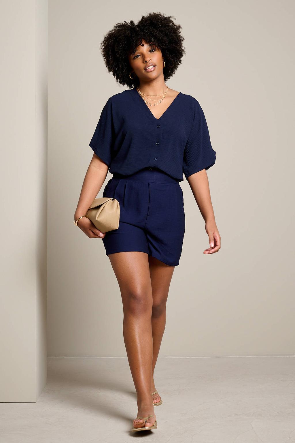 Donkerblauwe dames LOLALIZA straight fit regular waist paperbag short van viscose met elastische inzet en effen