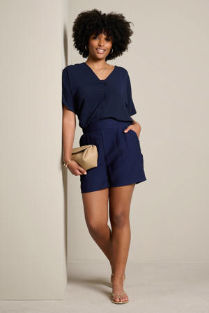 straight fit regular waist paperbag short - donkerblauw
