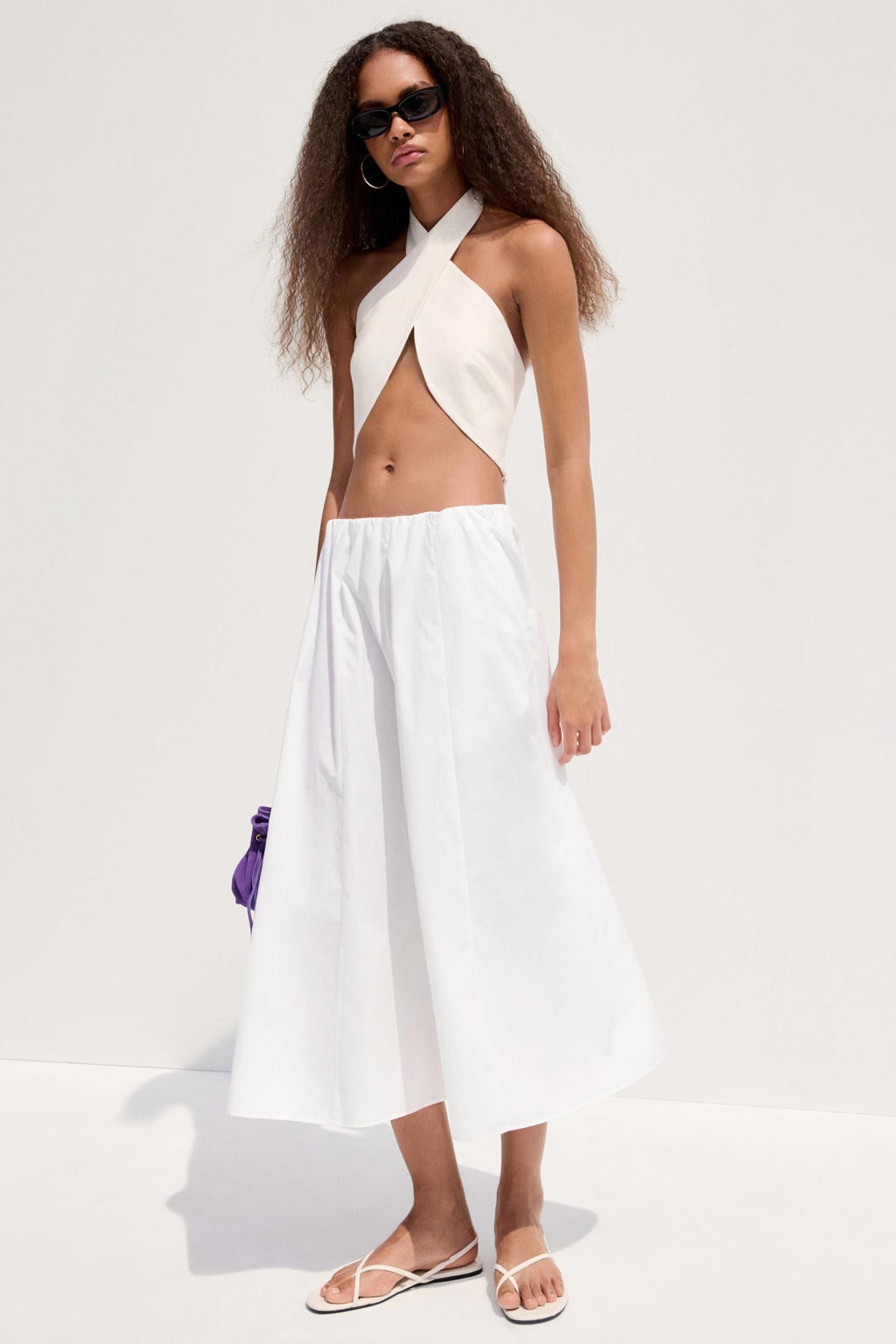 Witte dames Mango midi rok gemaakt van katoen en met elastische tailleband