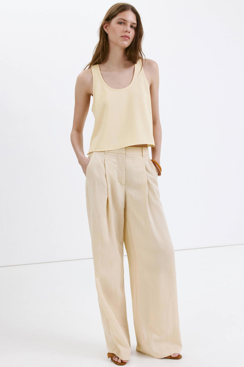 Lichtgele dames Mango top van polyester met effen en ronde hals