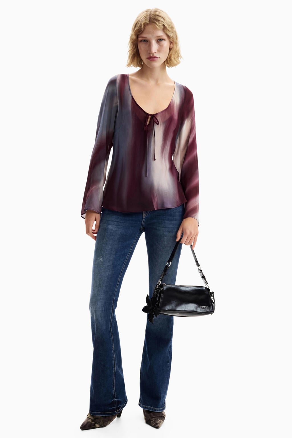 Multikleurige dames Desigual top meerkleurig van polyester met lange mouwen, V-hals en strikje