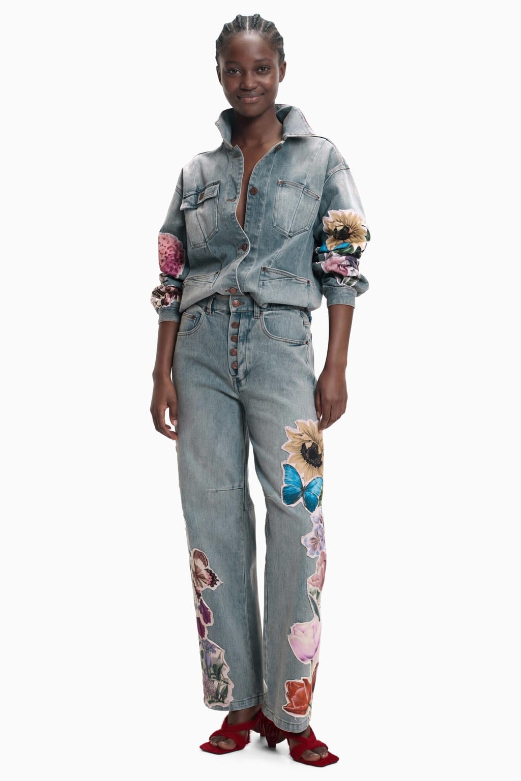 Blauwe dames Desigual spijkerjas van denim met effen, lange mouwen, klassieke kraag en borduursels