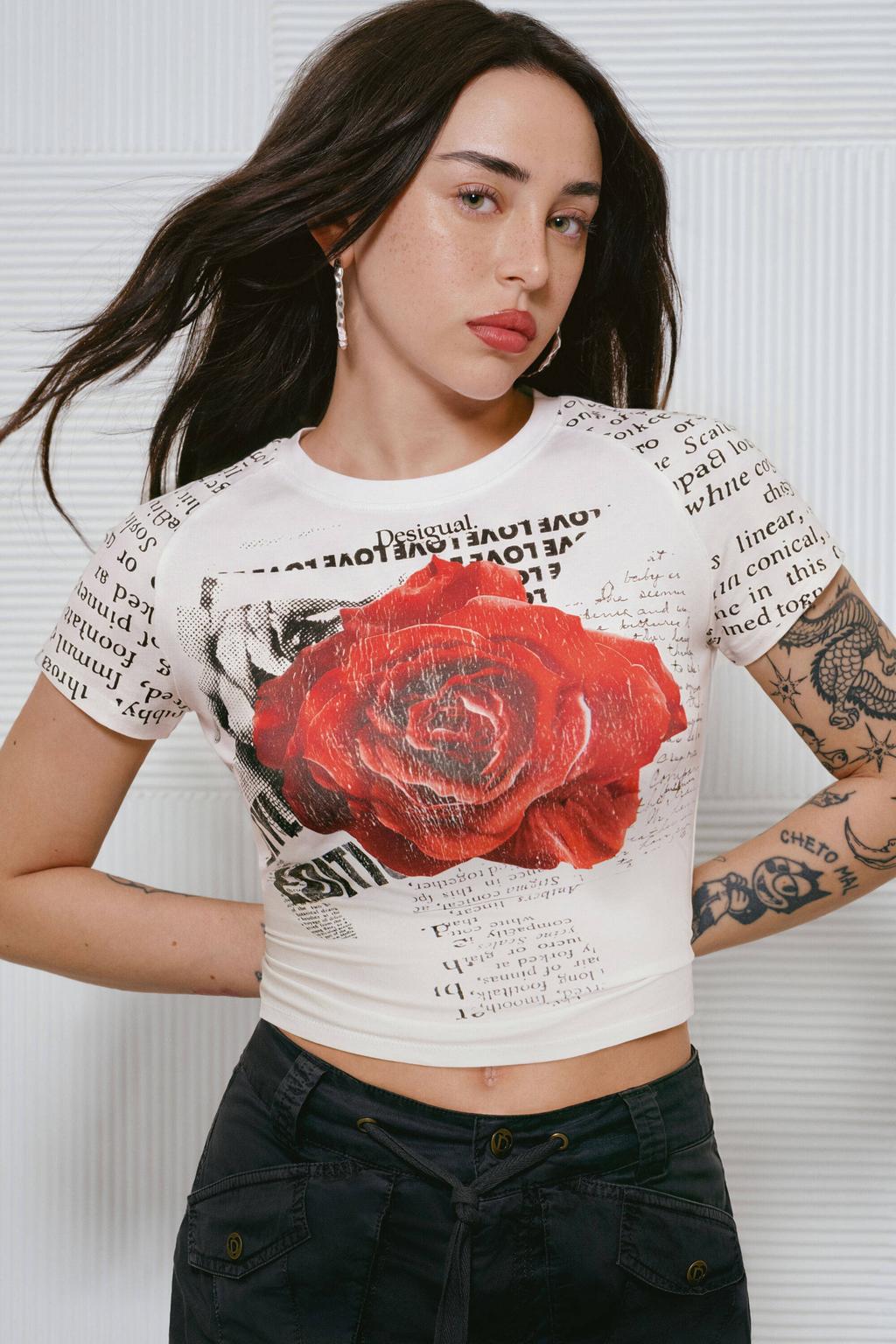Wit en rode dames Desigual T-shirt van katoen met printopdruk, korte mouwen en ronde hals