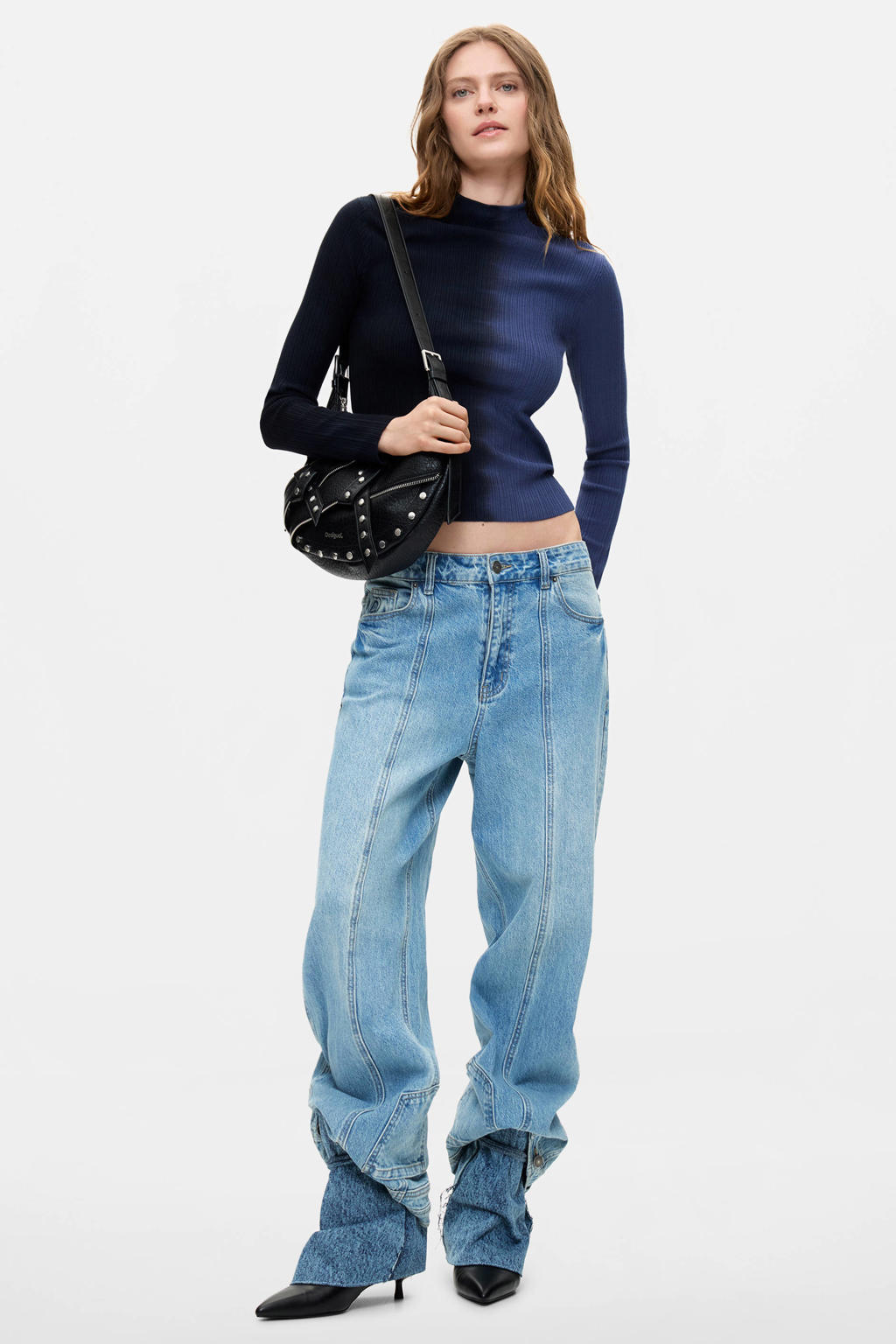 Blauwe dames Desigual top van viscose met lange mouwen en ronde hals