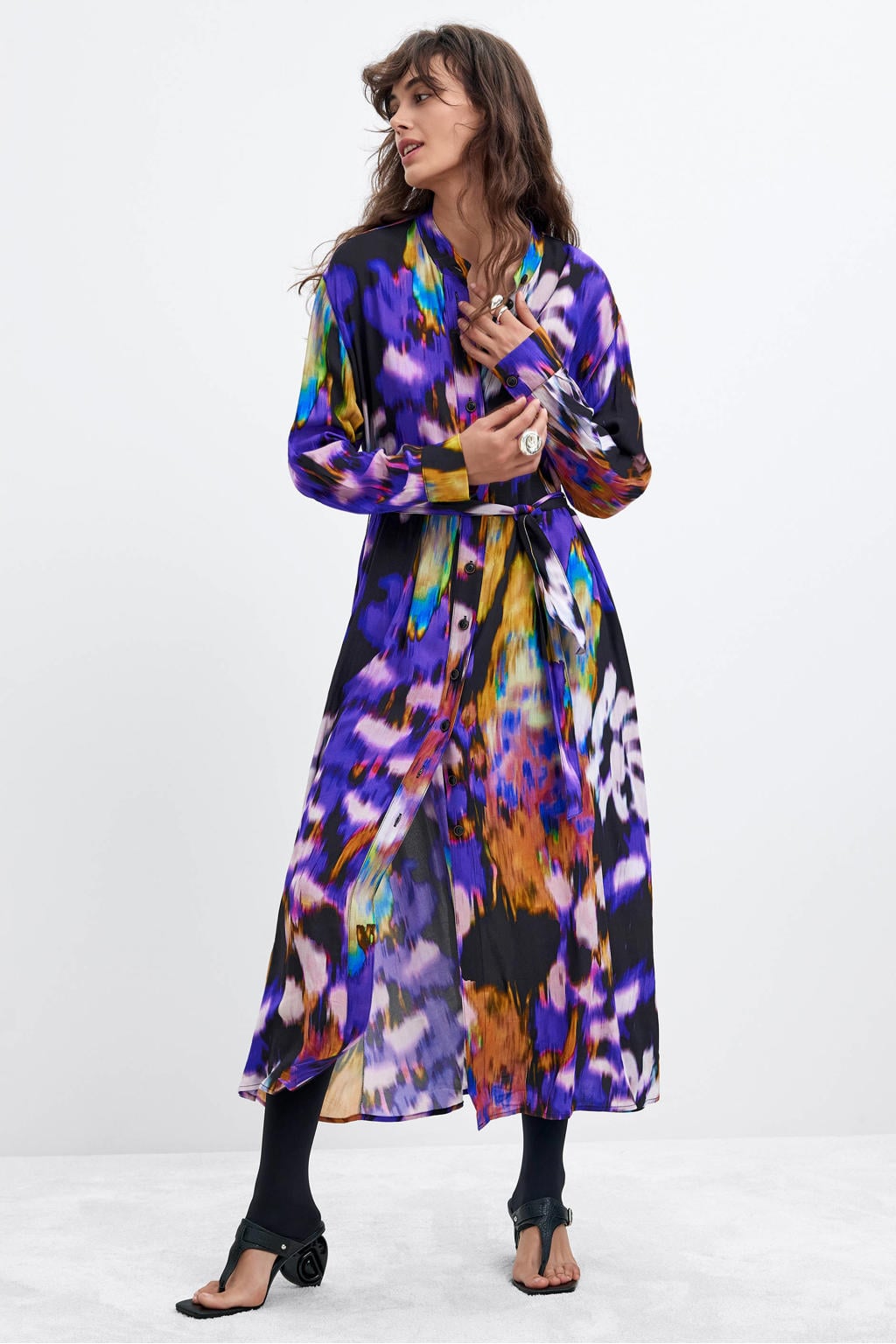 Multikleurige dames Desigual blousejurk met print meerkleurig van viscose met lange mouwen en ronde hals