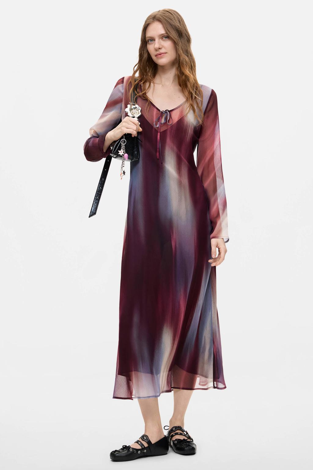 Multikleurige dames Desigual midi jurk meerkleurig van polyester met lange mouwen en V-hals