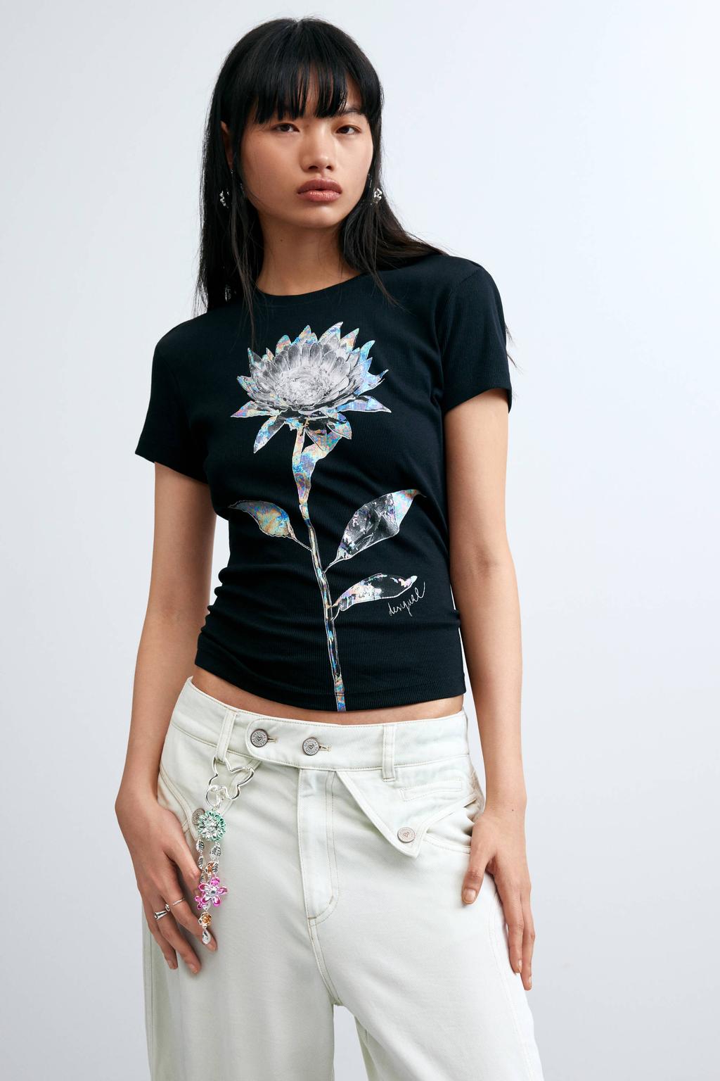 Zwarte dames Desigual gebloemd T-shirt van katoen met korte mouwen en ronde hals