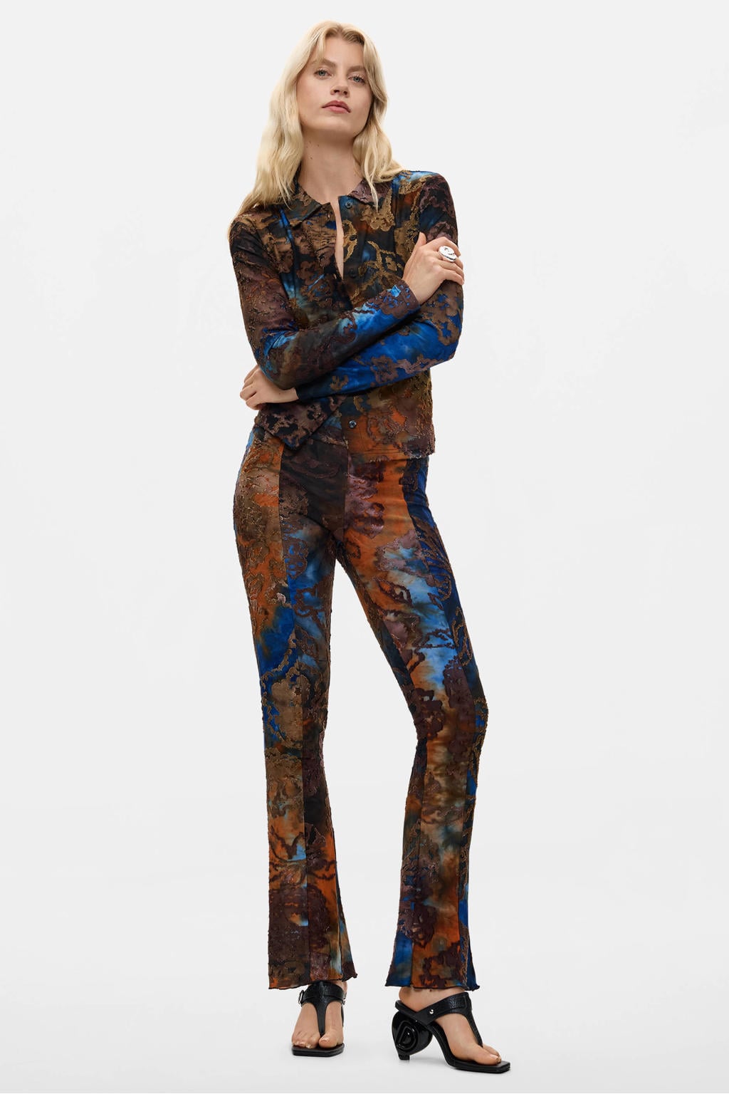 Multikleurige dames Desigual flared jacquard broek meerkleurig van katoen met regular waist en elastische tailleband
