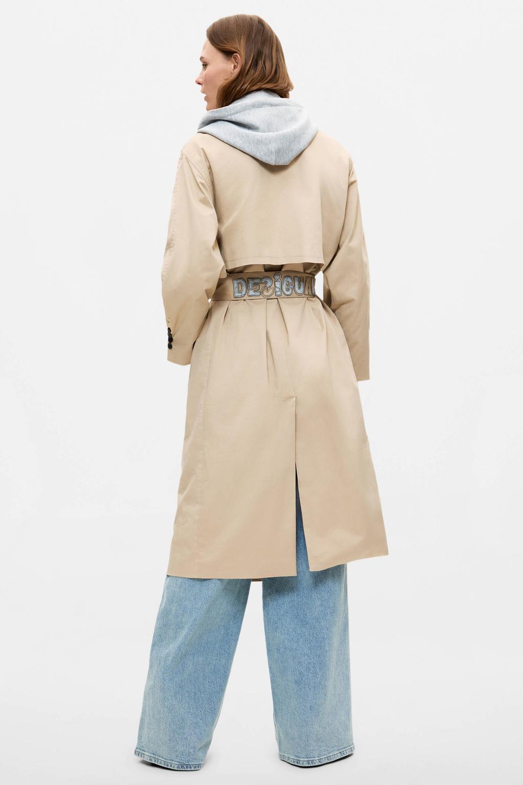 Beige dames Desigual katoenen trenchcoat met lange mouwen, reverskraag en ceintuur