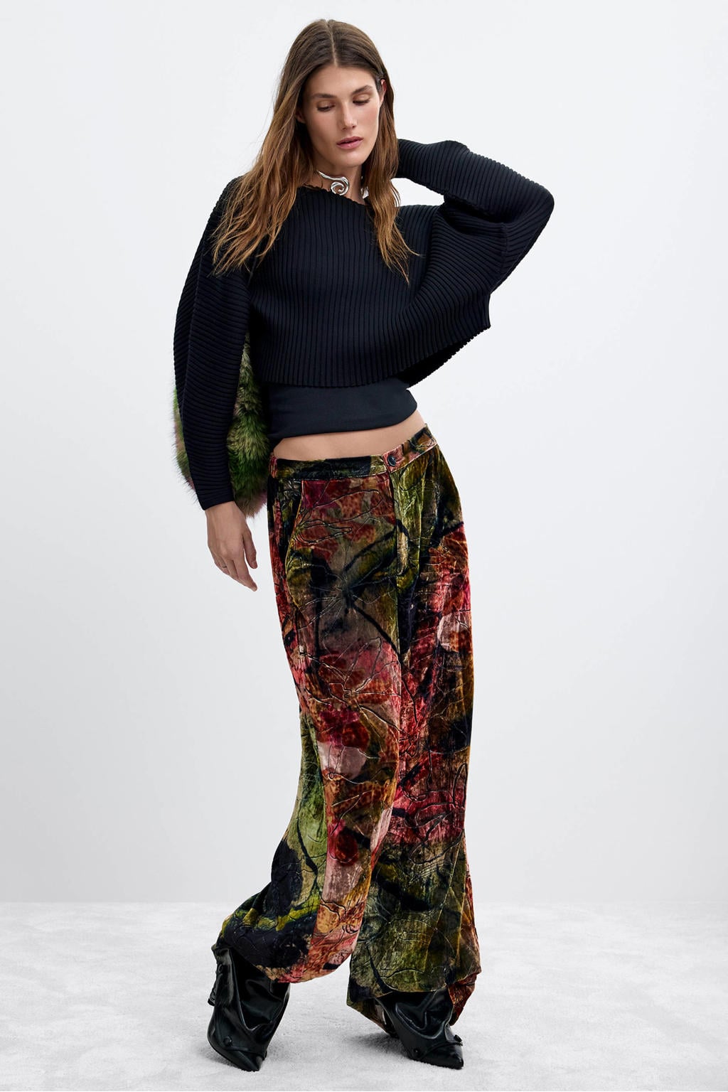 Multikleurige dames Desigual wide leg broek meerkleurig met rits- en knoopsluiting