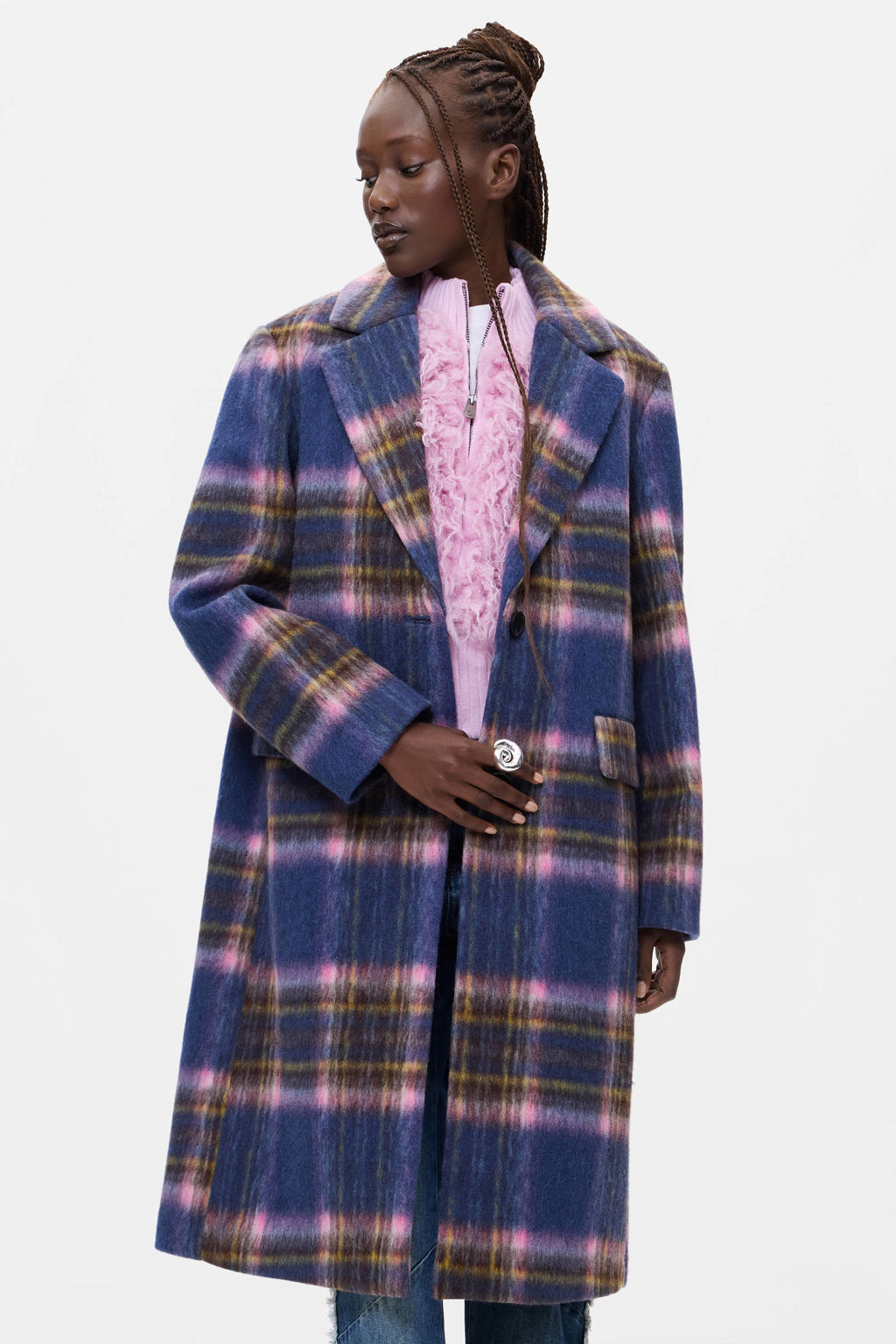 Blauw en roze dames Desigual geruite mantel van polyester met lange mouwen en reverskraag