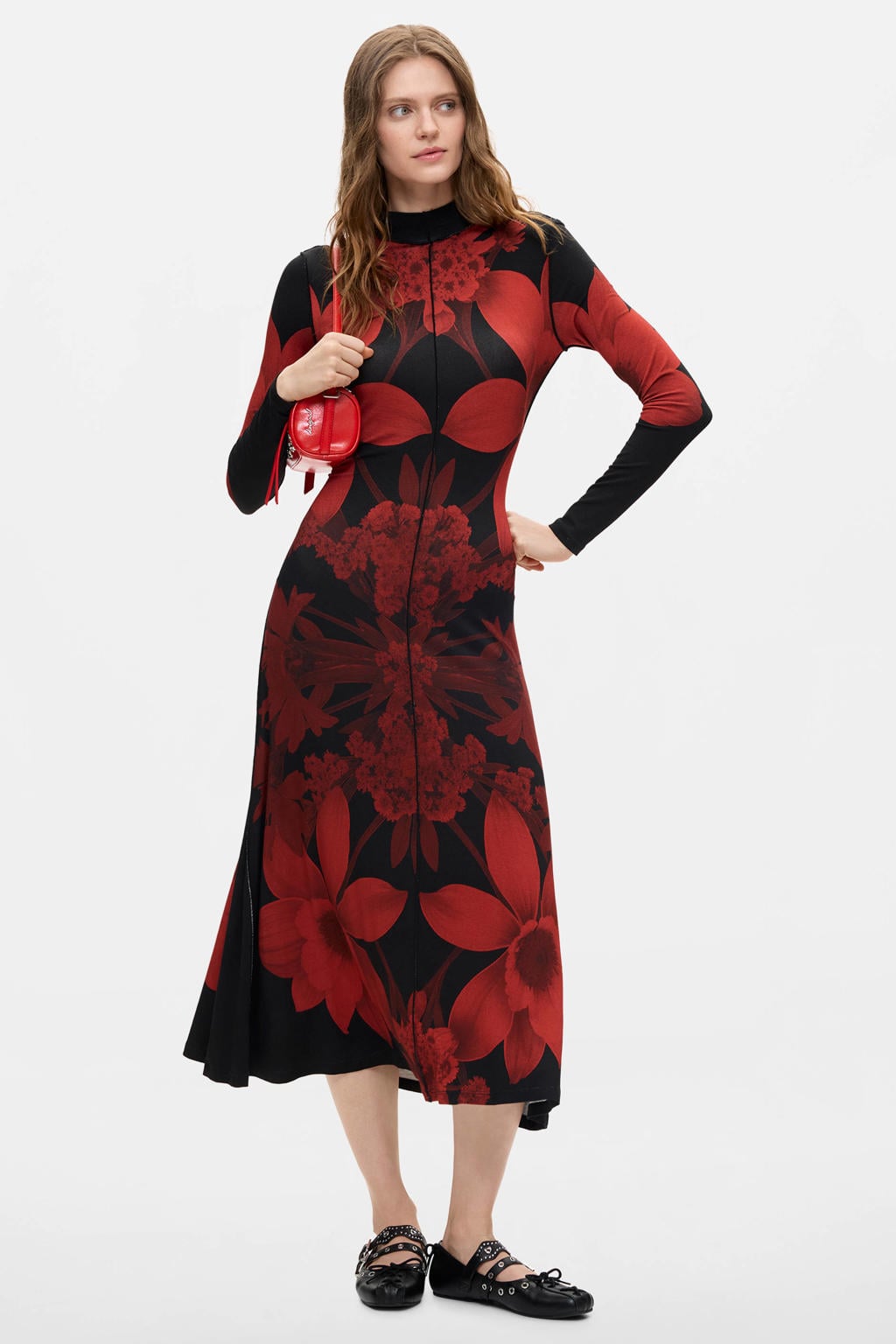 Desigual gebloemde midi jurk - rood/zwart