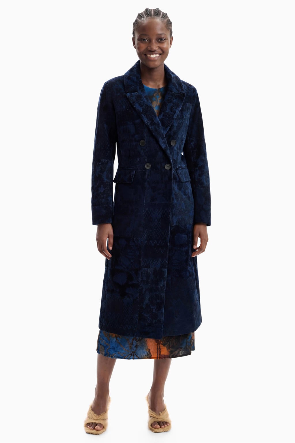 Blauwe dames Desigual jacquard manteljas van katoen met effen, lange mouwen, reverskraag en double breasted sluiting
