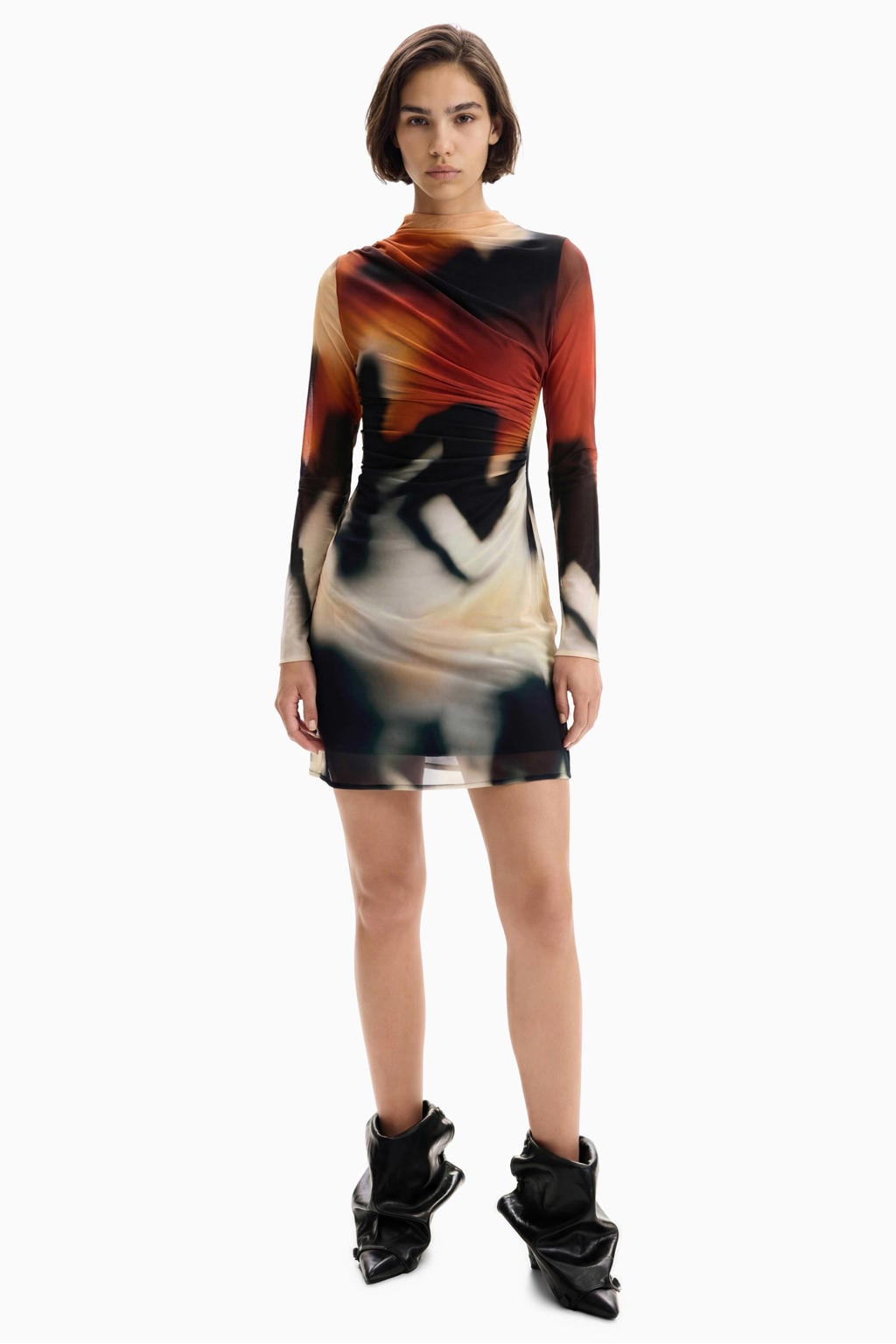 Zwart en oranje dames Desigual korte jurk van polyester met lange mouwen en ronde hals
