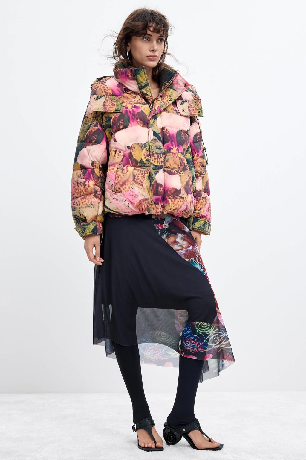 Multikleurige dames Desigual winterjas meerkleurig van polyamide met lange mouwen en capuchon