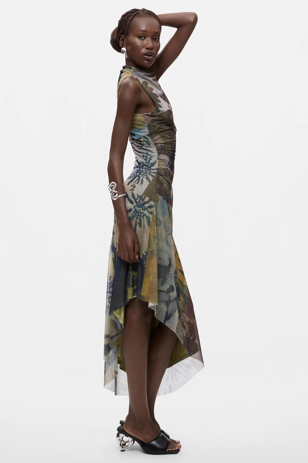 Multikleurige dames Desigual asymmetrische jurk meerkleurig van polyester met opstaande kraag