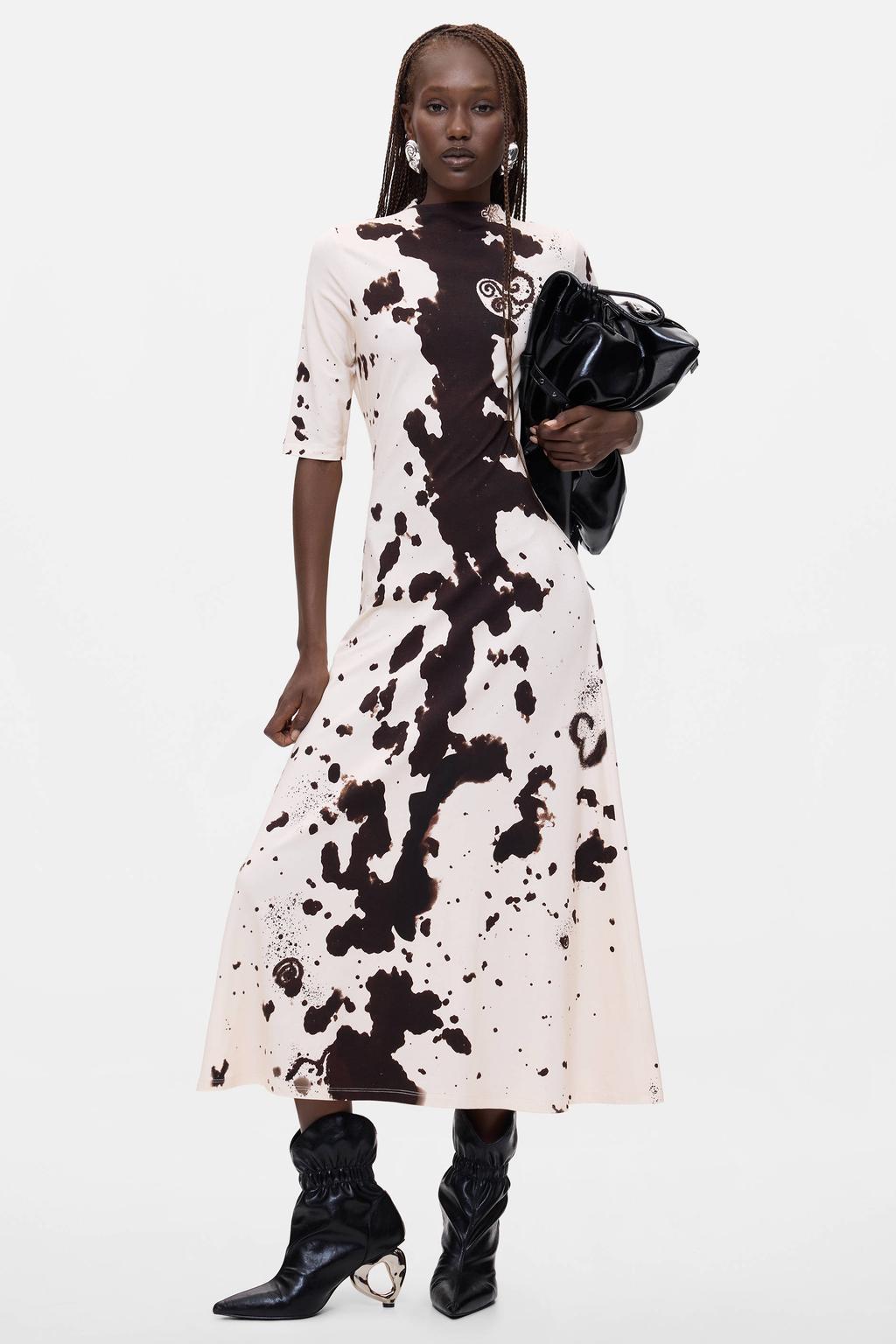 Ecru en bruine dames Desigual midi jurk van viscose met driekwart mouwen en ronde hals