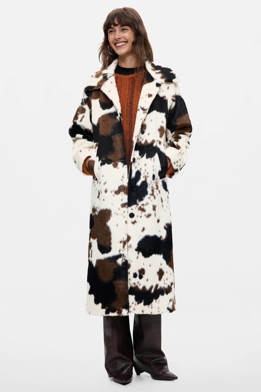 Ecru, bruin en zwarte dames Desigual mantel van modacryl met koeienprint, lange mouwen en klassieke kraag