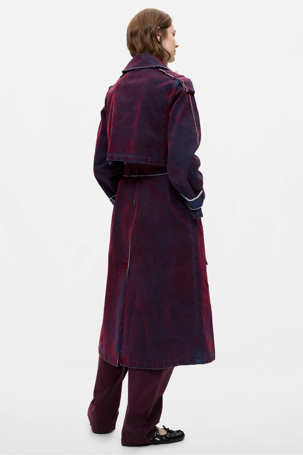 Donkerrode dames Desigual trenchcoat van katoen met effen, lange mouwen, reverskraag en ceintuur