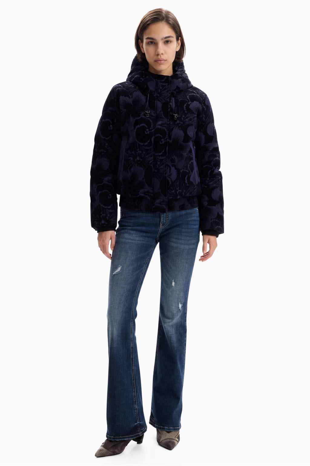 Blauwe dames Desigual winterjas van polyester met lange mouwen en capuchon