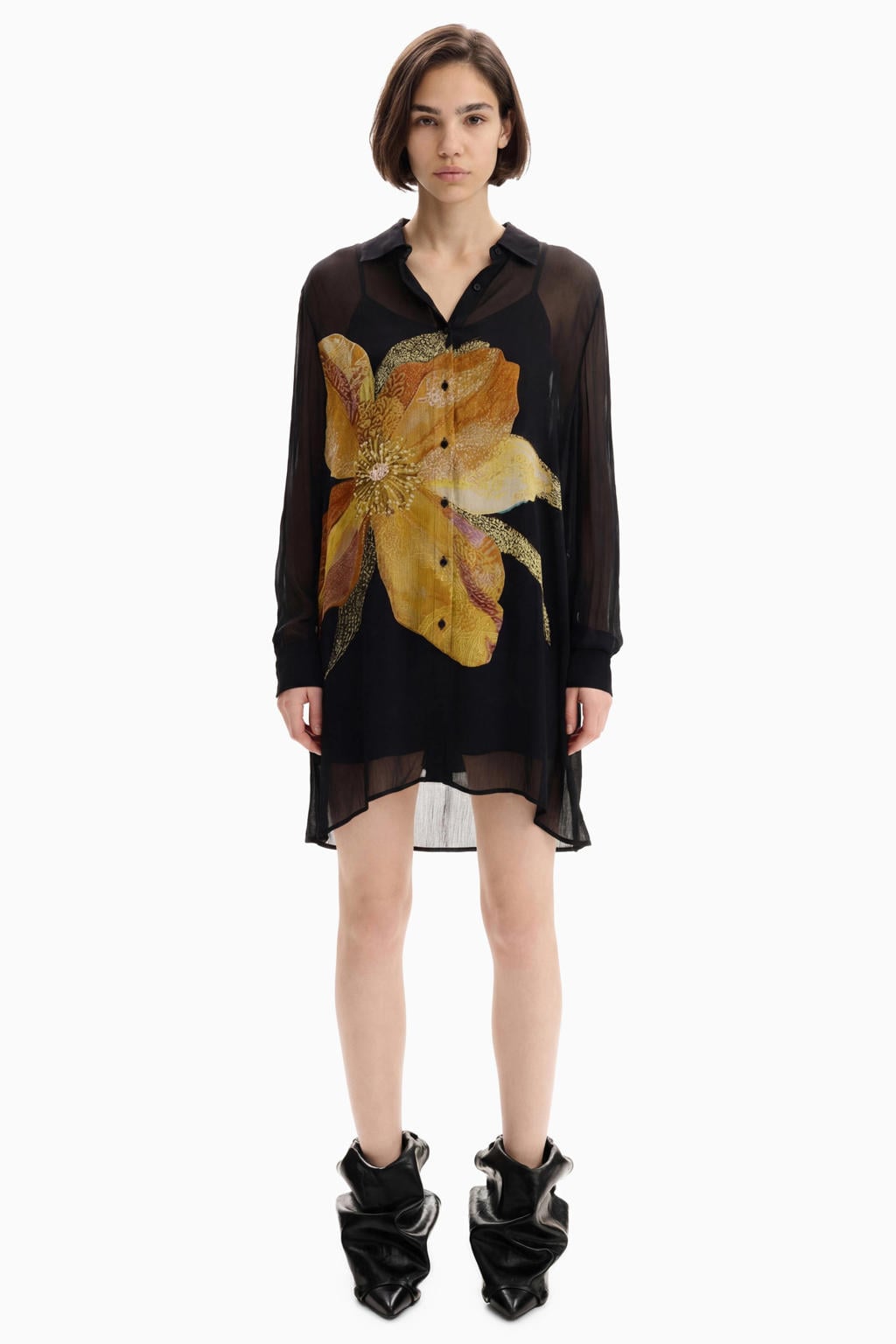 Zwarte dames Desigual gebloemde blousejurk van polyester met lange mouwen, klassieke kraag en knoopsluiting