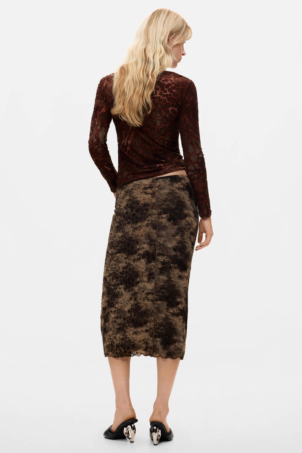 Bruin en groene dames Desigual midi rok met print voorzien van