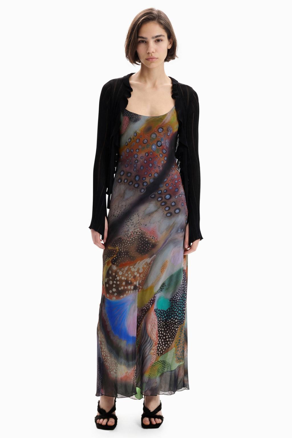 Multikleurige dames Desigual midi jurk meerkleurig van viscose met ronde hals